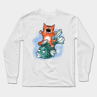 Funny doodles cat and fish Long Sleeve T-Shirt